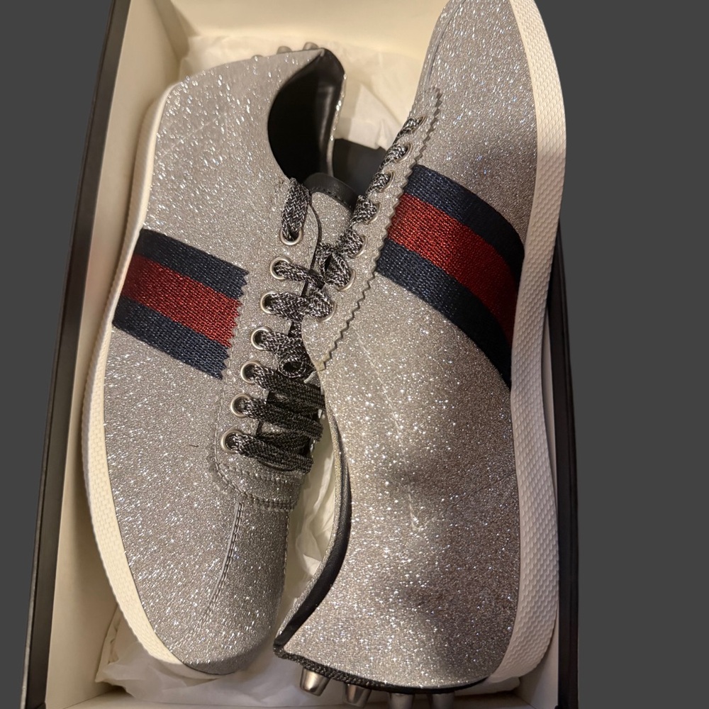 Gucci Silver Glitter Sneakers with Red and Blue Stripes - Picture 4 of 8